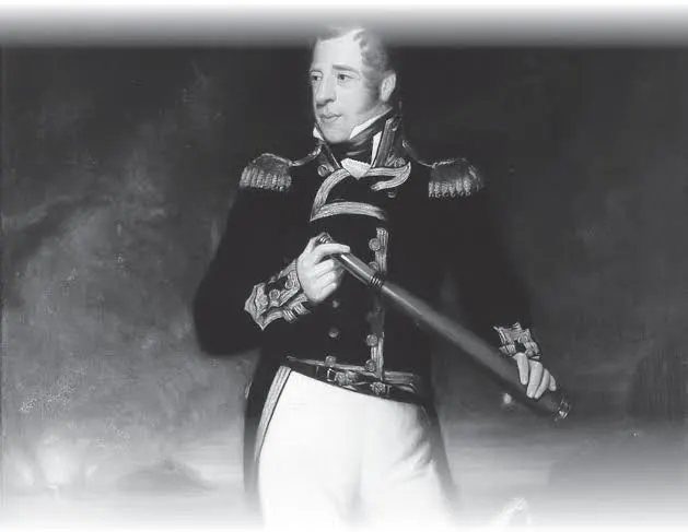Retrato do Almirante Thomas Cochrane em uniforme naval escuro, segurando uma luneta