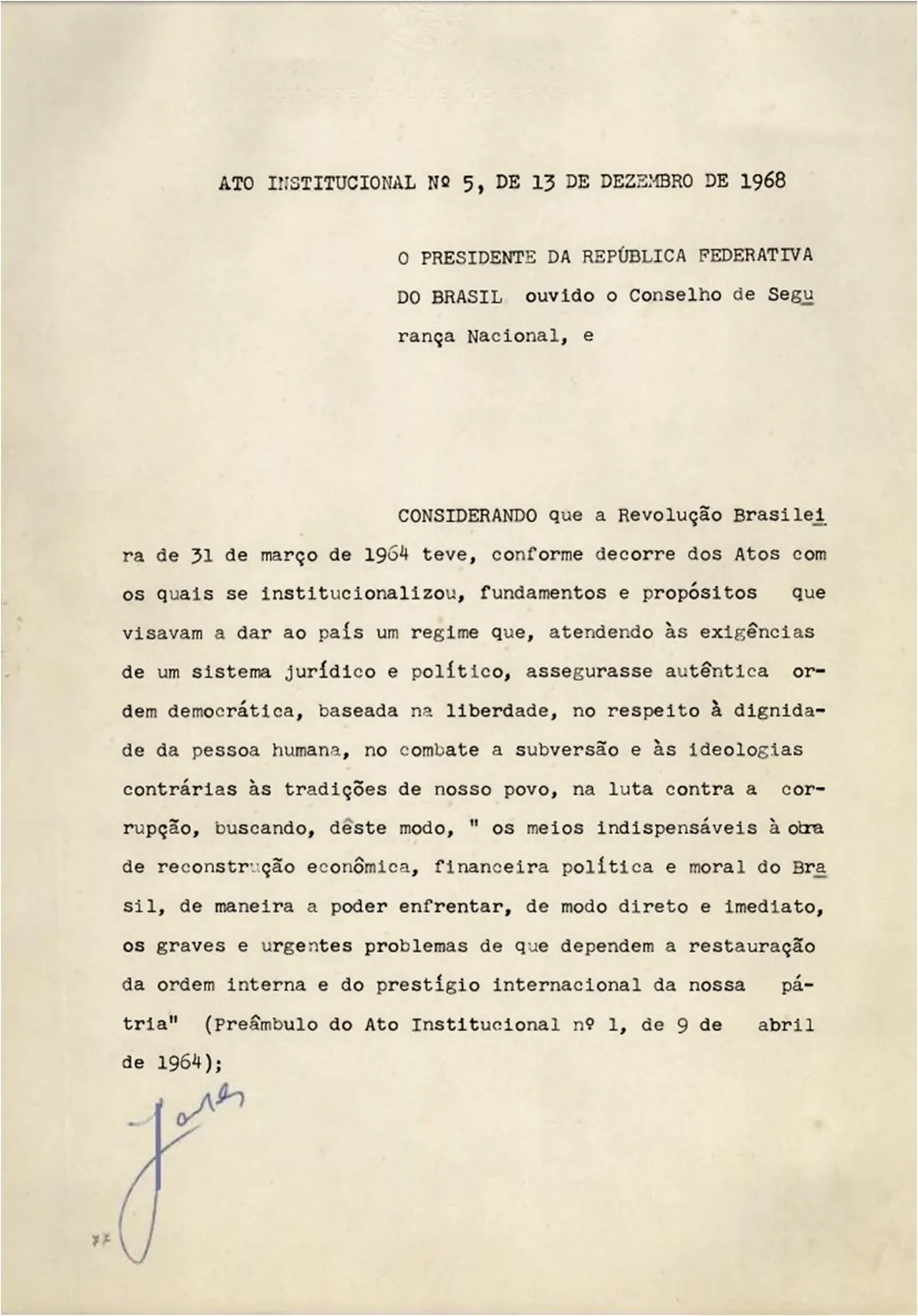Documento original do Ato Institucional Número 5 assinada por ministros