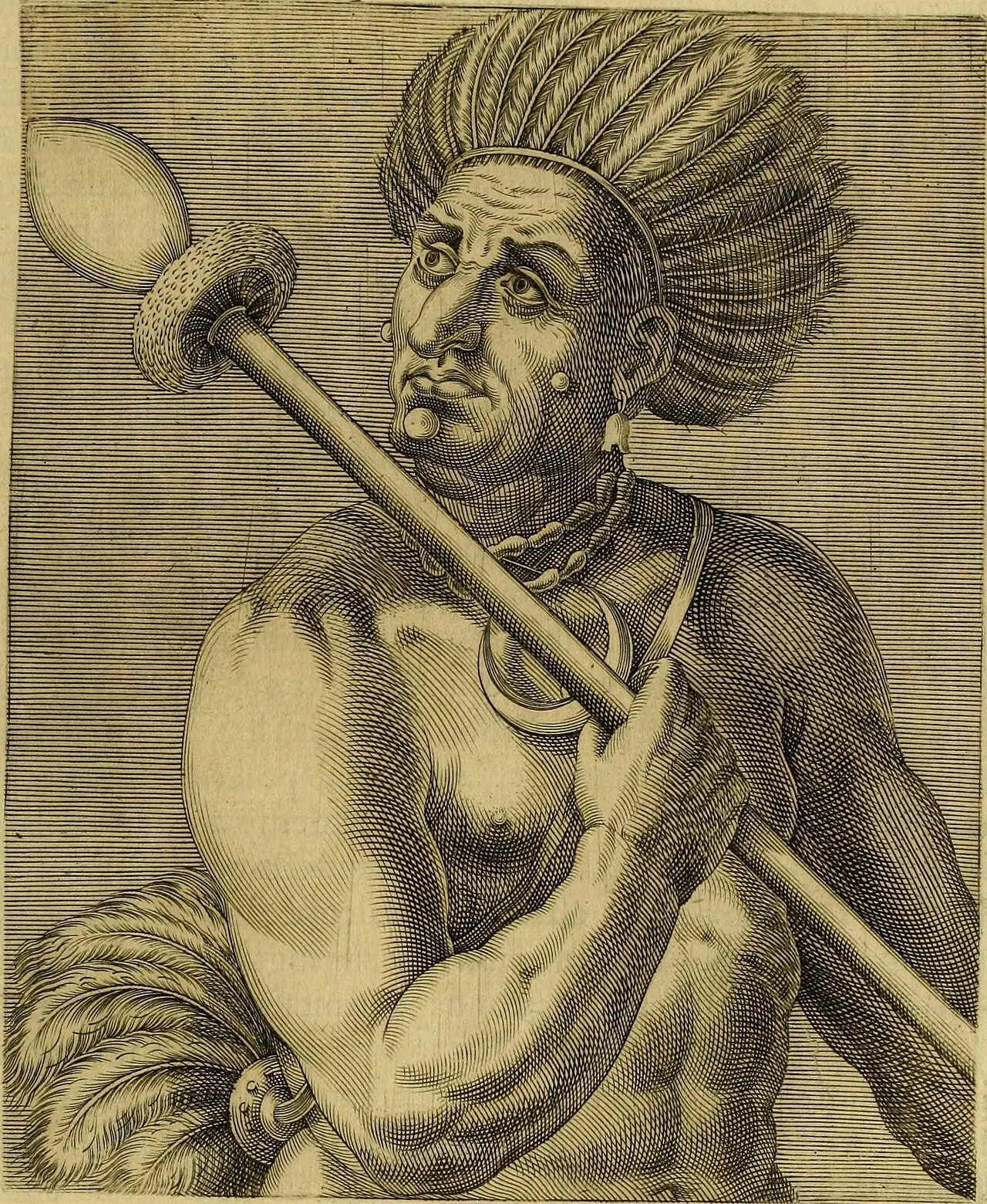 Retrato de Cunhambebe, líder Tupinambá, em uma gravura clássica.