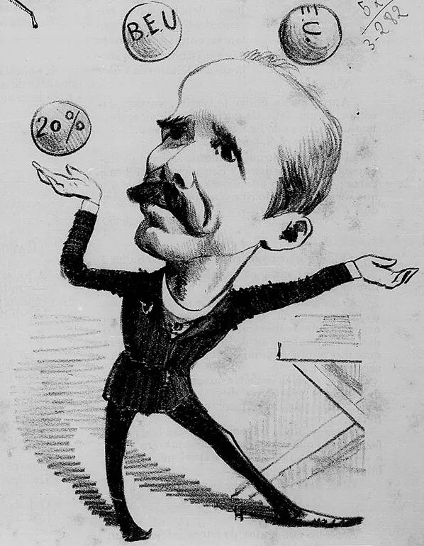 Caricatura de Rui Barbosa equilibrando as finanças.