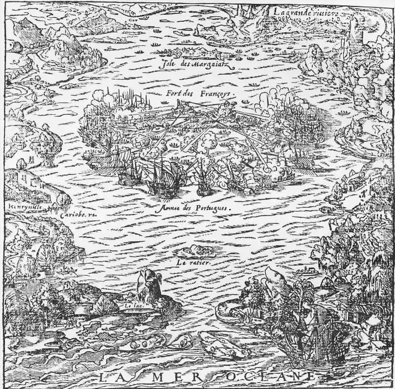 Mapa e representação do Forte Coligny sob ataque naval na Baía de Guanabara