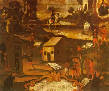 Pintura antiga mostrando a Guerra dos Emboabas com embates rústicos no meio das florestas