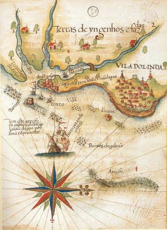 Mapa colonial ilustrando a região de Olinda e o porto do Recife, palco do sangrento choque financeiro e armado conhecido como Guerra dos Mascates