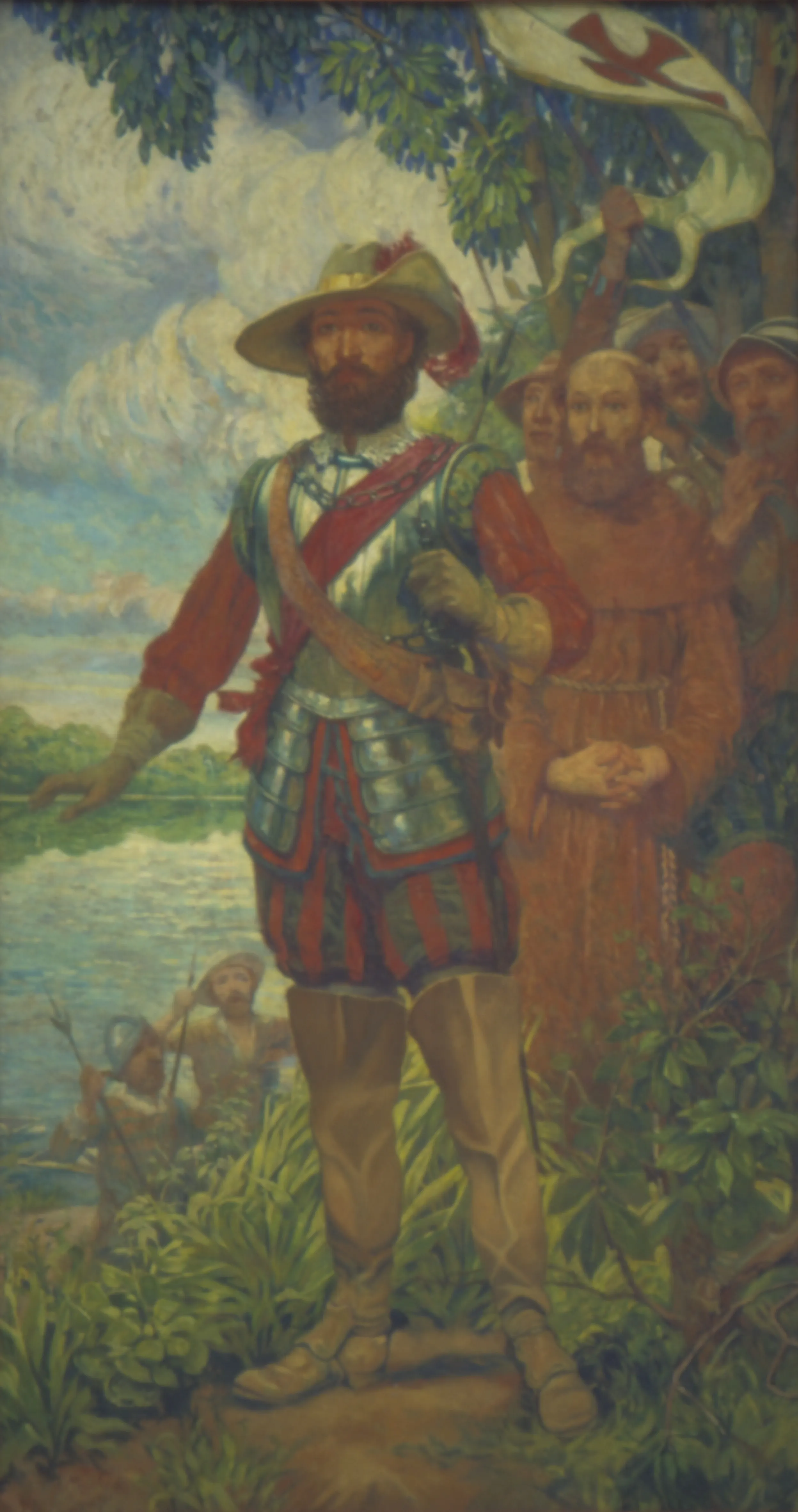 Pintura histórica retratando a expedição de Pedro Teixeira fundando um marco de posse nas margens barrentas e densas do rio Amazonas. Homens armados e religiosos ladeiam o explorador português num ambiente selvagem e hostil.
