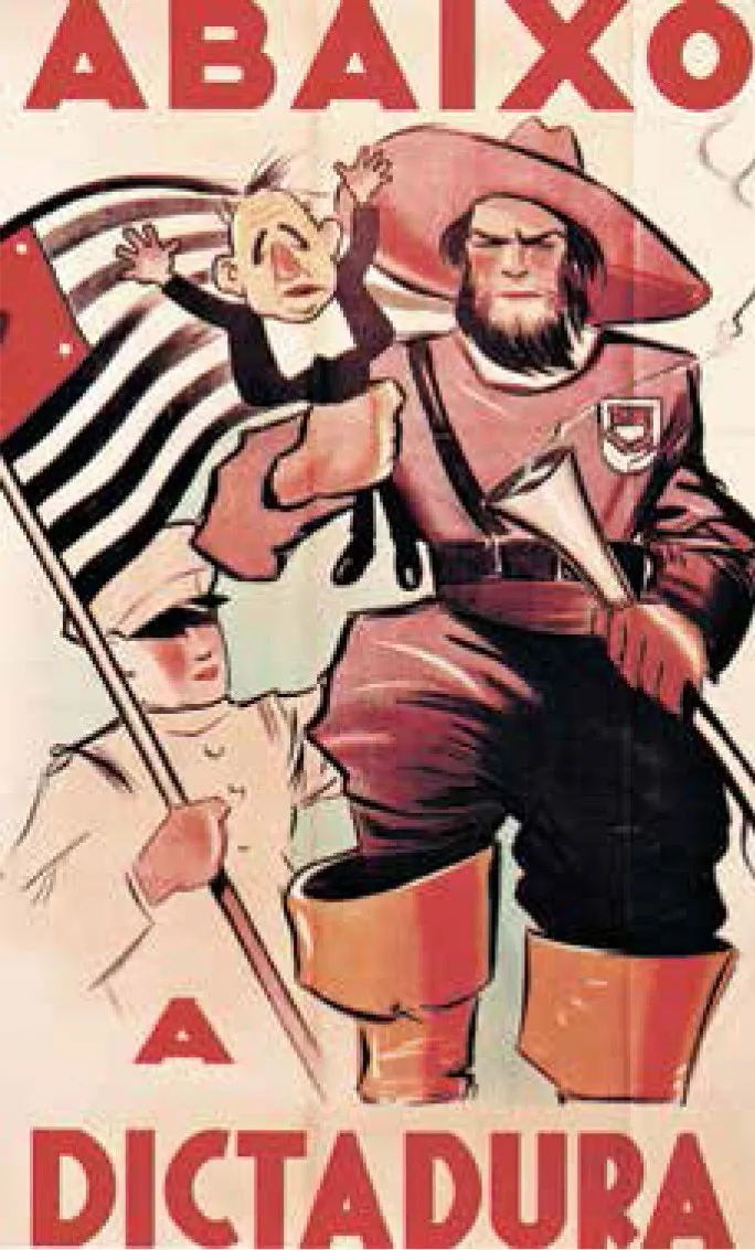 Cartaz de propaganda da Revolução de 1930 com militares armados e a bandeira do Brasil